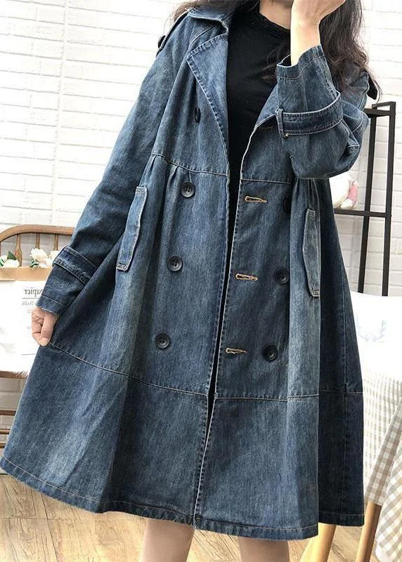 down jackets for women -Art Blue Peter Pan Collar Pockets Button Fall Denim Trench Coats Coat