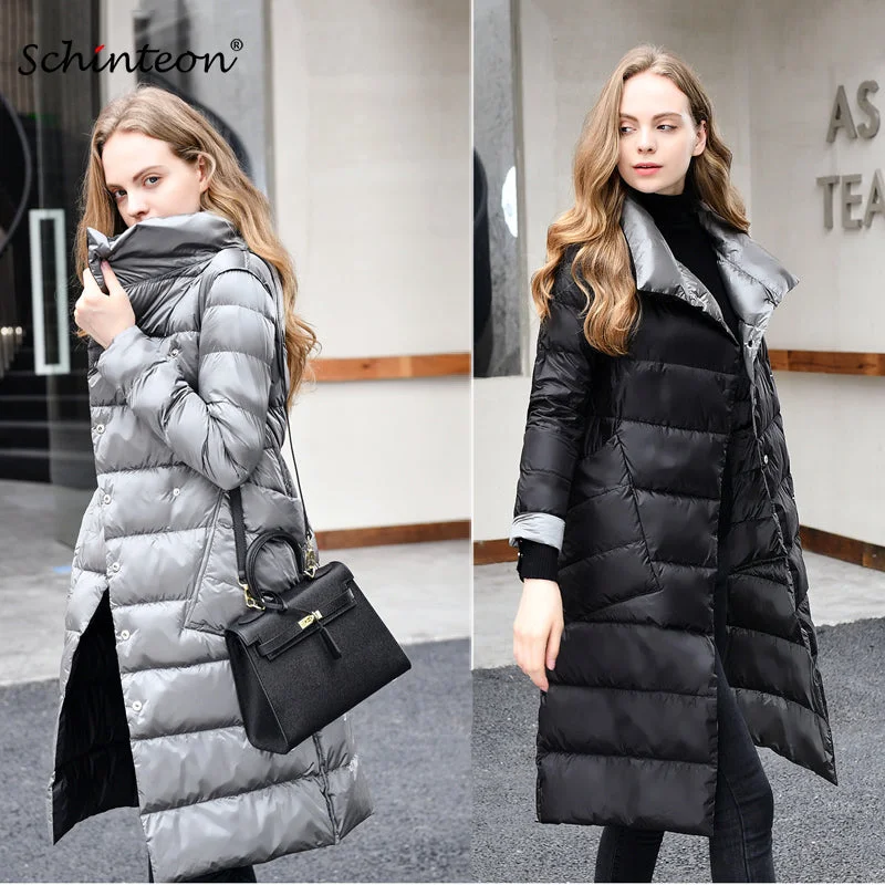 cropped jackets for women -2018 Ultra Light Down Jacket Reversible Two Side Wear 90% white duck down Long Coat Slim Stand Collar Outwear Waterproof