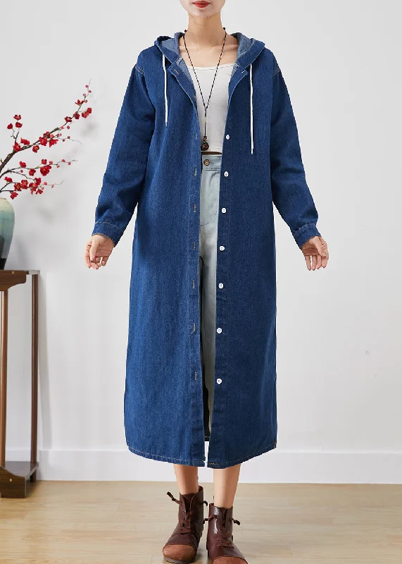 modern trench coats for women -Simple Blue Hooded Button Down Denim Trench Coats Fall