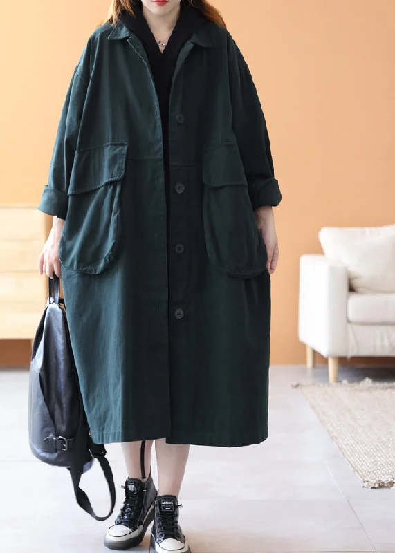 cozy knit coats for women -Novelty Blackish Green Peter Pan Collar Pockets Cotton Trench Coats Long Sleeve