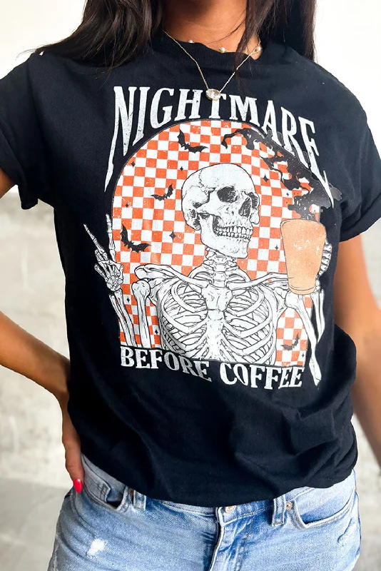 crochet tops for women -Black Nightmare Before Coffee Skull Checkerboard Graphic Halloween Tee