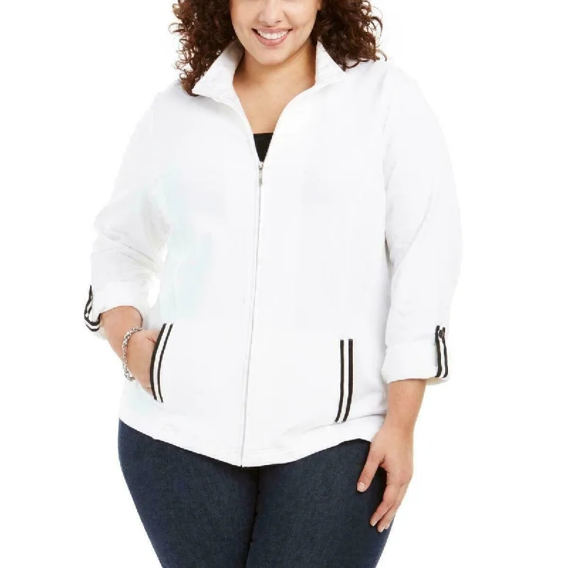 women's puffer jackets -Karen Scott Women's Sport French Terry Ribbon-Trim Jacket White Size 2 Extra Large