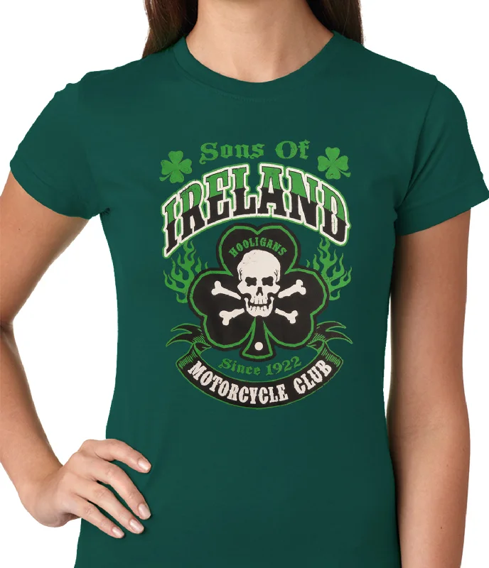 eco-friendly tops for women -Sons of Ireland Shamrock Skull Biker Girls T-shirt