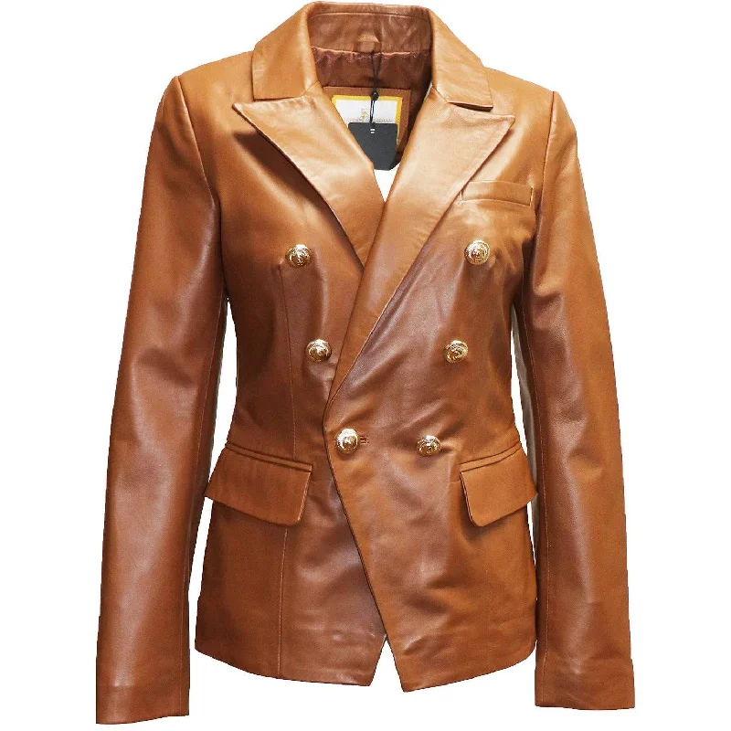 mid-length coats for women -Victor Freeman Women's double Breasted Leather Blazer Jacket