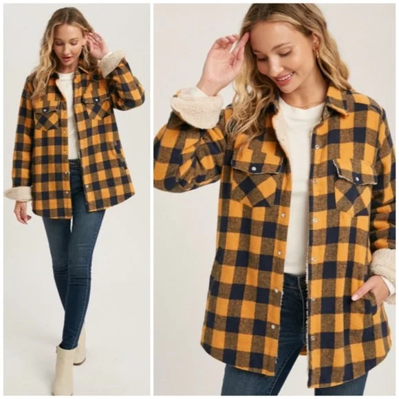 oversized coats for women -Mustard Buffalo Plaid Checkered Sherpa Lined Shacket Shirt Jacket Casual Womens