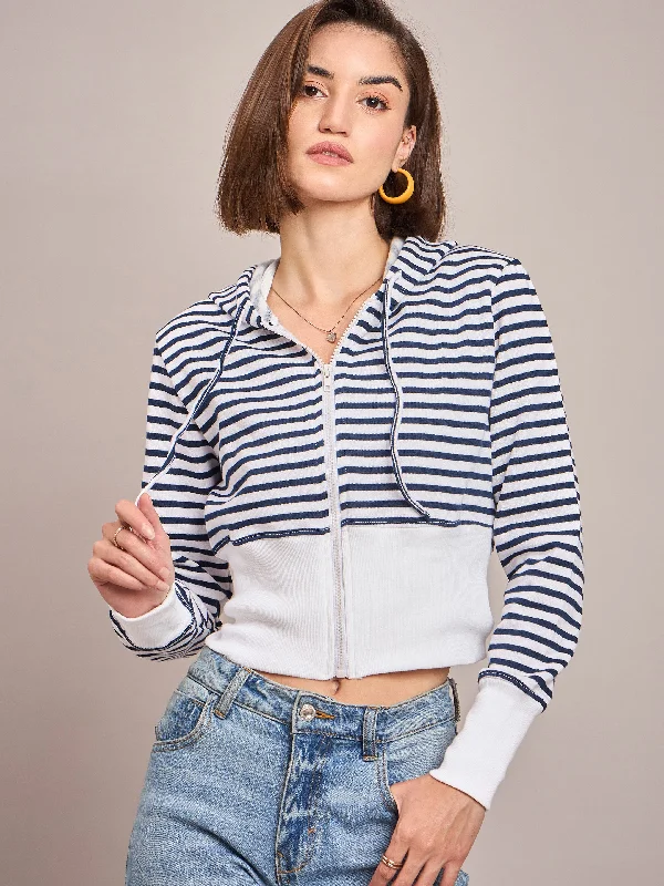 belted wool coats for women -Women Navy & White Striped Fleece Hooded Jacket