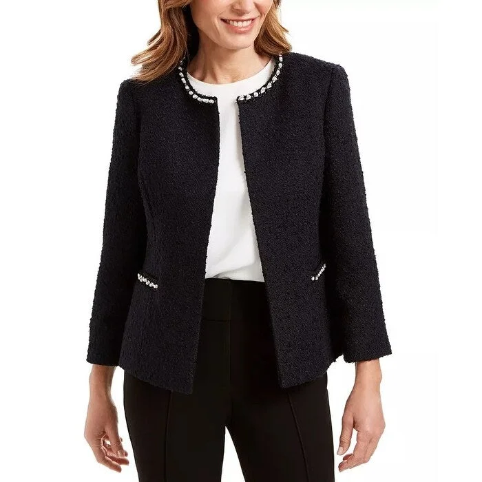 women's varsity jackets -Kasper Women's Faux-Pearl Embellished Textured Jacket Navy Size 12