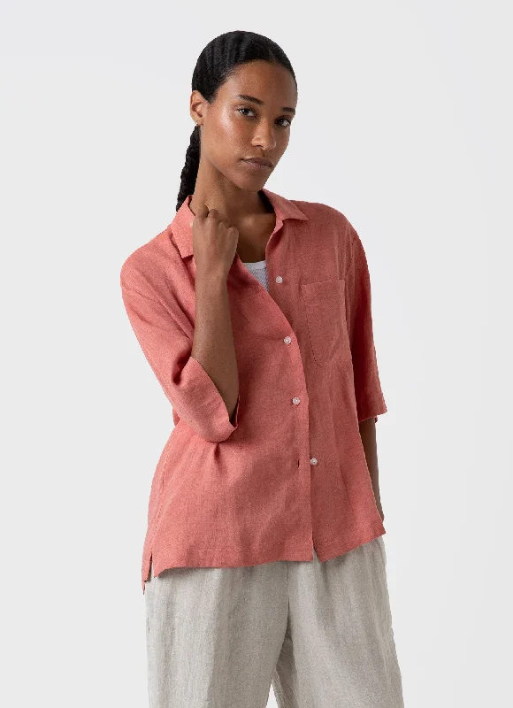 women's summer blouses -Women's Short Sleeve Linen Shirt in Burnt Sienna