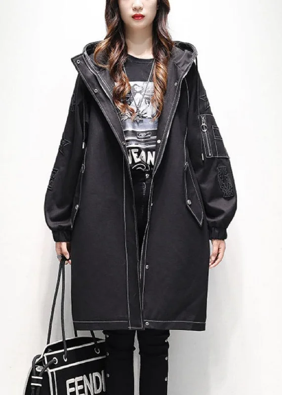 travel jackets for women -Modern Black Hooded Drawstring Fine Cotton Filled Trench Coats Winter