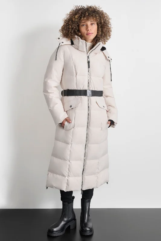 modern trench coats for women -BOX QUILT LONG PUFFER WITH BELT