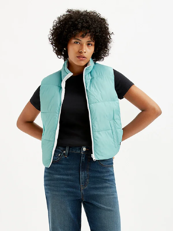 belted trench coats for women -Women's Quilted Light-Blue High Neck Puffer Jacket