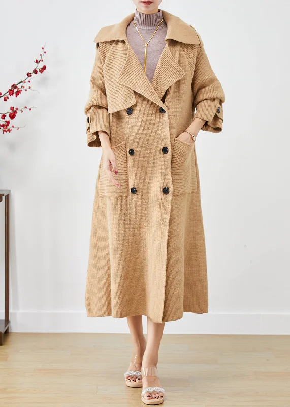 stylish outerwear for ladies -Vintage Khaki Double Breast Pockets Knit Trench Coats Fall