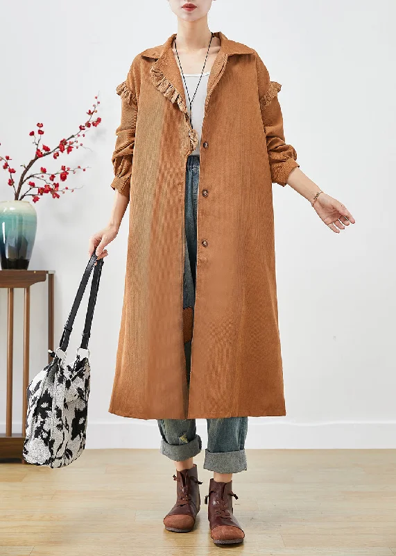 luxury winter coats for women -Art Khaki Ruffled Patchwork Asymmetrical Corduroy Trench Coat Fall