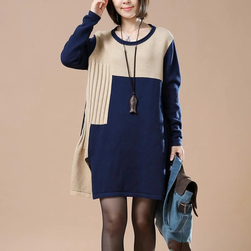 zip-up tops for women -Navy print sweaters plus size women knit dress the Dancing steps