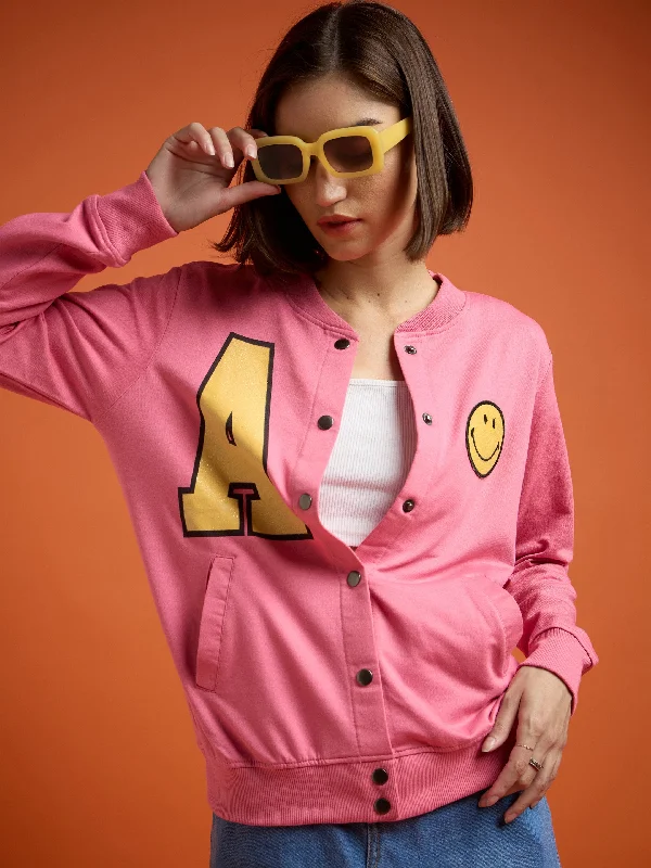 velvet coats for women -Women Pink Terry Smiley Patch Printed Varsity Jacket