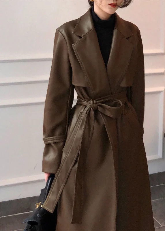 women's wool coats -Brown Solid Color Faux Leather Trench Coats Notched Collar Sashes Winter