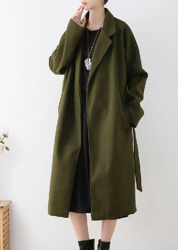 loose trench coats for women -Vogue Army Green Notched Tie Waist Woolen Trench Coats Winter