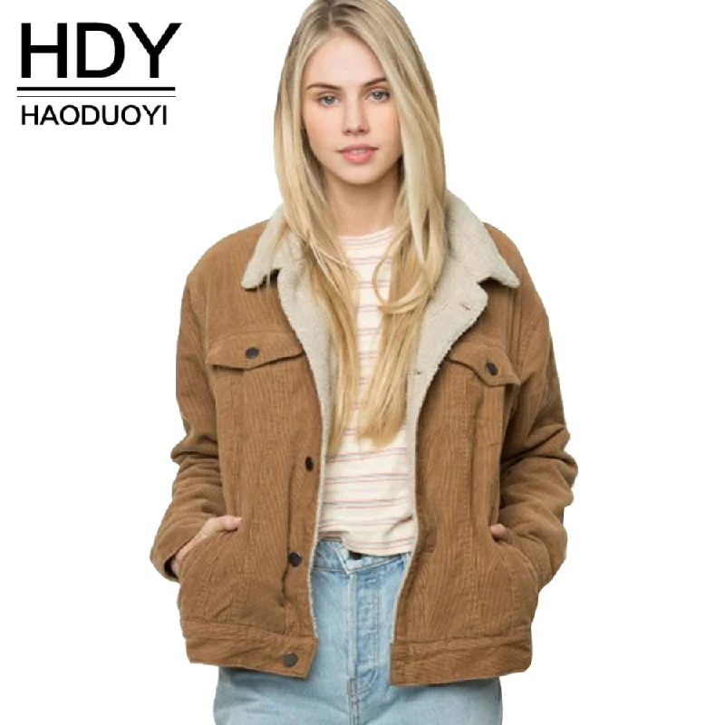 warm down coats for women -HDY Haoduoyi Winter Casual  Brown Corduroy Long Sleeve Turn-down Collar Jacket Single Breasted Basic Women Warm Coat