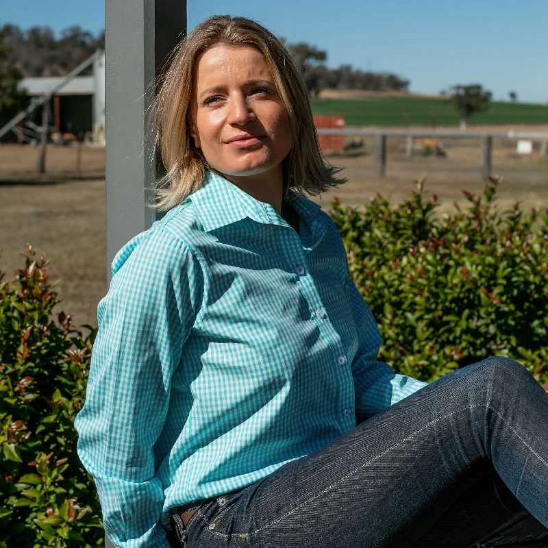 women's henley shirts -Coco E-Aqua/White Check Relaxed Fit Shirt