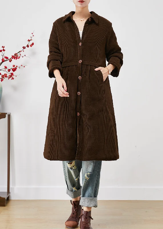 casual zip-up jackets for women -Vintage Chocolate Warm Fine Cotton Filled Corduroy Trench Coats Winter