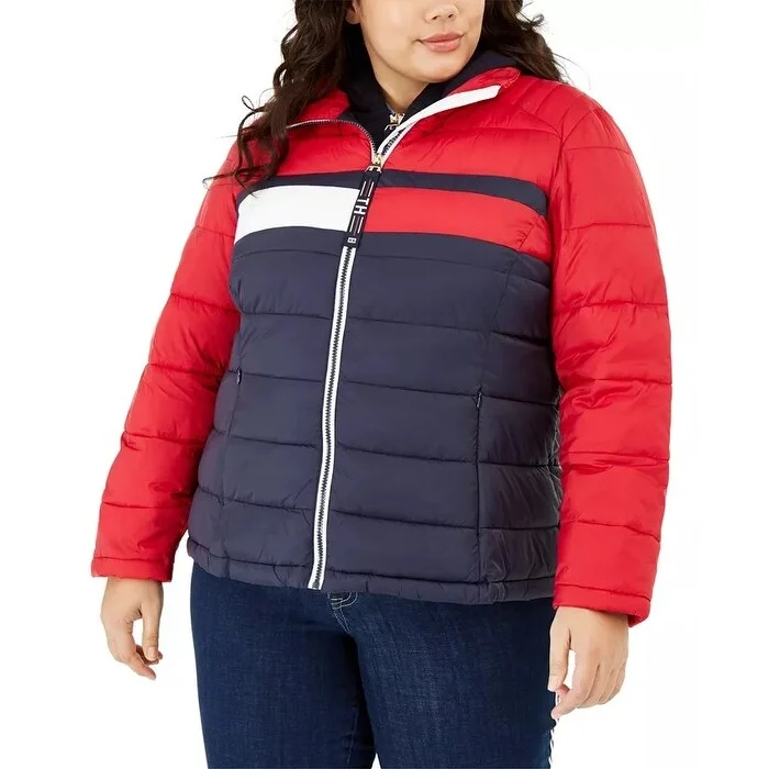 belted trench coats for women -Tommy Hilfiger Women's Plus Size Colorblocked Puffer Jacket Medium Red Size 2X