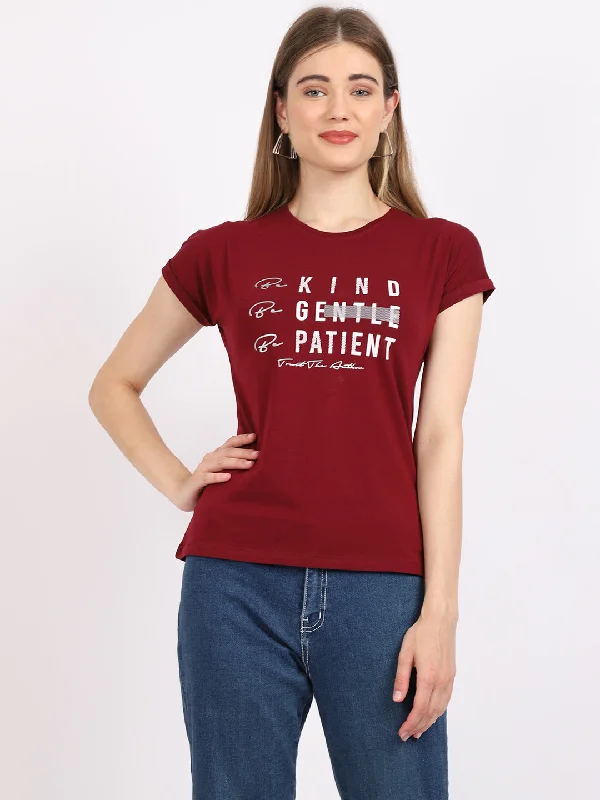 printed shirts for women -Women's Casual Regular Short Sleeve Wine Round neck Typographic Print T-Shirt