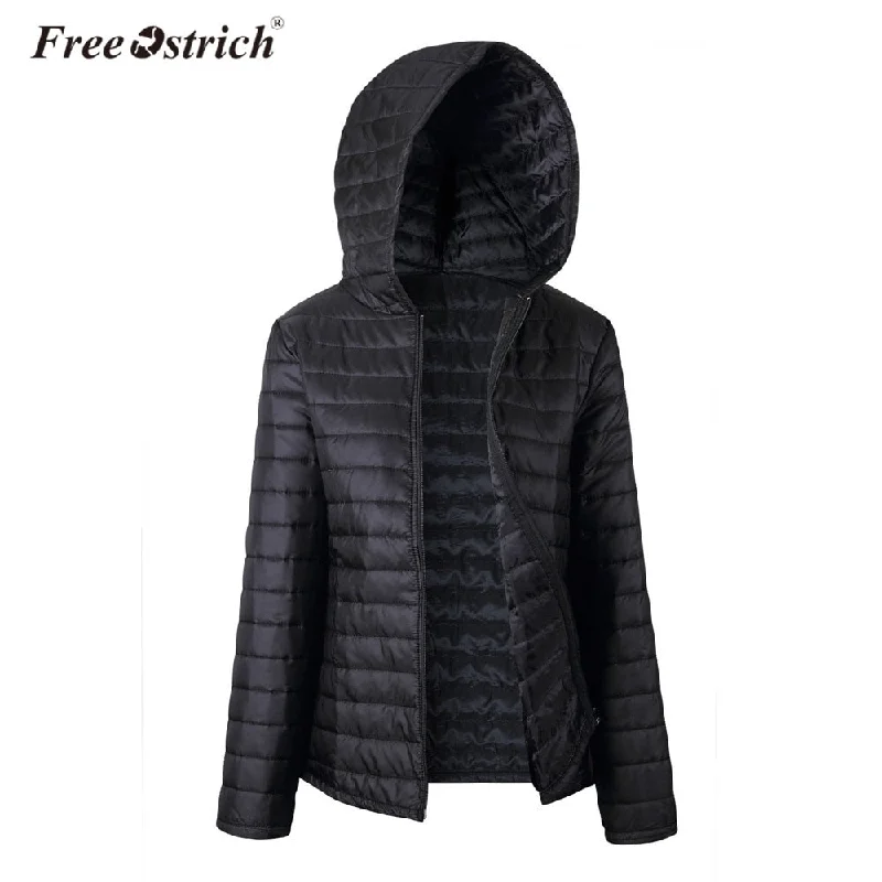 stylish outerwear for ladies -Free Ostrich Jacket Women Autumn Winter Zipper 2018 Black Hooded Warm Coats Long Sleeve Solid Parkas Coat L0630