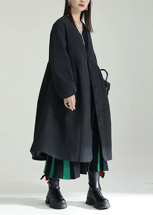 loose trench coats for women -Italian Black V Neck Button Patchwork Fine Cotton Filled Trench Winter