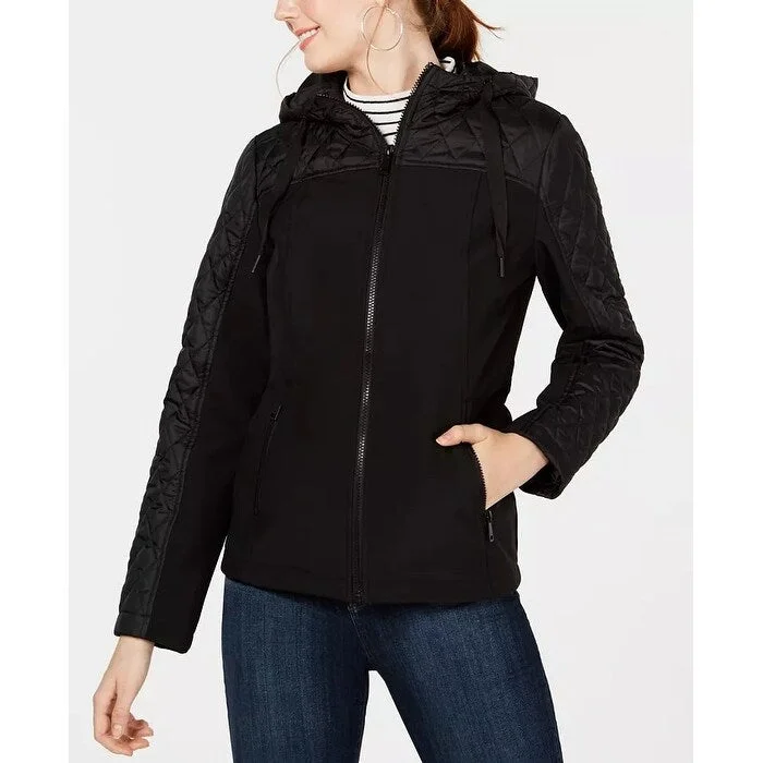 plus size coats for women -Sebby Juniors' Mixed-Media Hooded Jacket Black Size Large