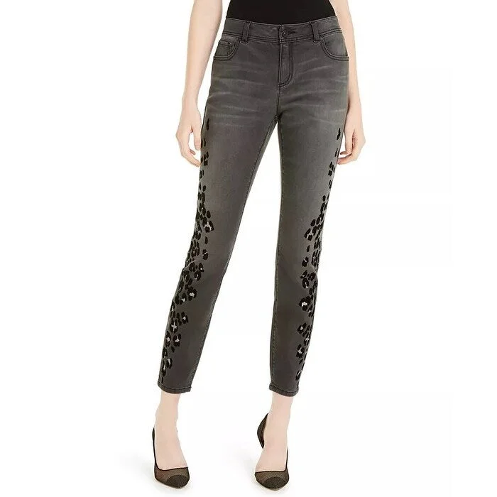 embroidered trousers for women -INC International Concepts Women's Flocked Leopard-Print Skinny Jeans Black Size 10