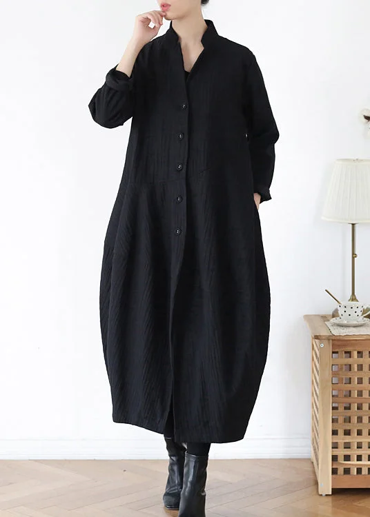 asymmetrical coats for women -Unique Black V Neck Pockets Linen Trench Coats Long Sleeve