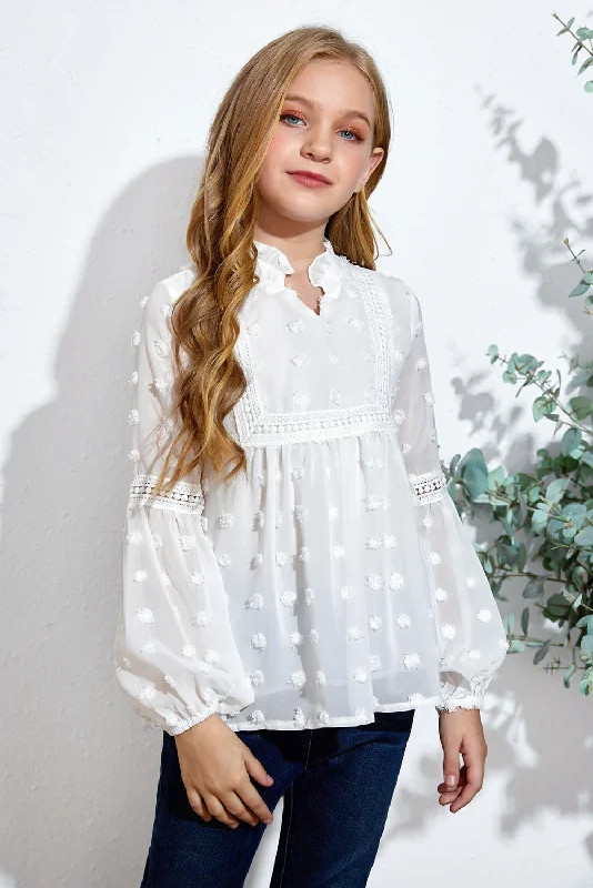 floral print blouses for women -Girls Swiss Dot Spliced Lace Notched Blouse