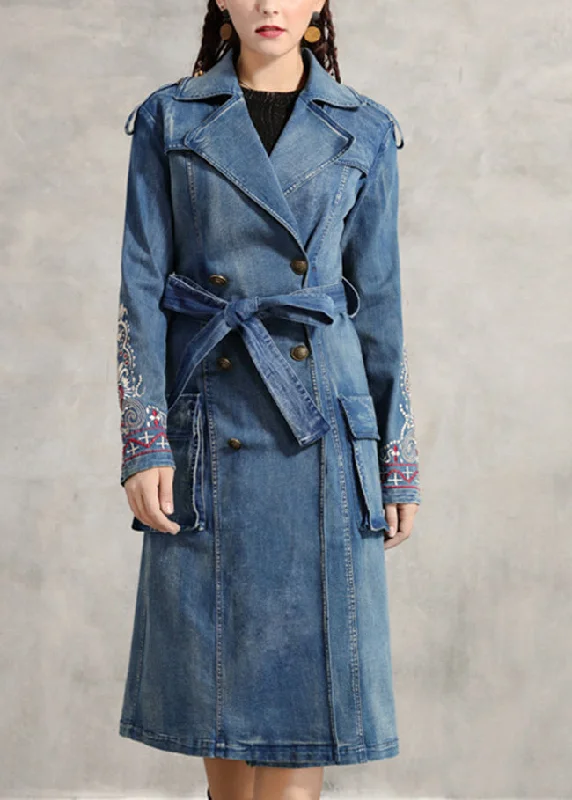 reversible jackets for women -Simple Blue Peter Pan Collar Pockets Embroideried double breast Sashes Cotton Denim trench coats Spring