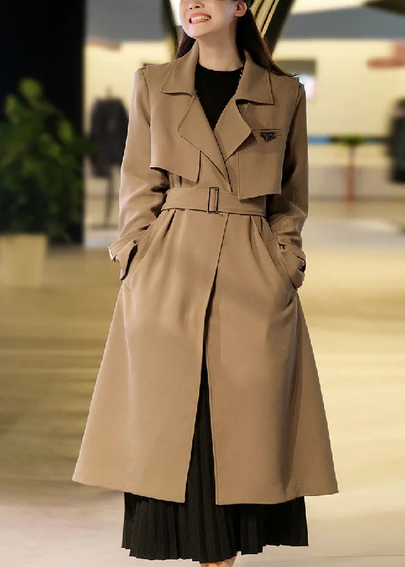 classic trench coats for women -Khaki Spandex Trench Coats Two Piece Set Women Clothing Double Breast Fall