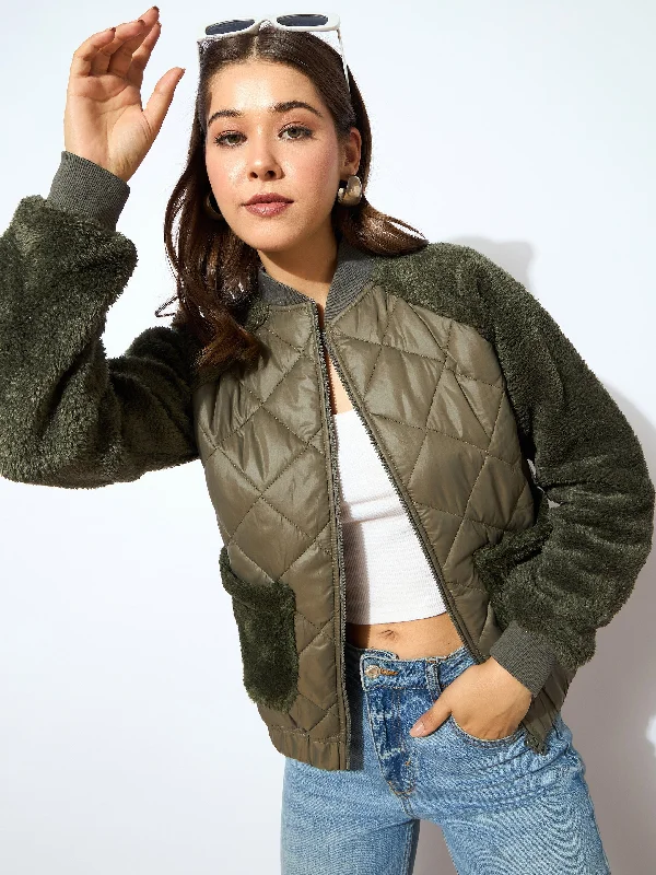 breathable jackets for women -Women Olive Faux Fur Detail Bomber Jacket