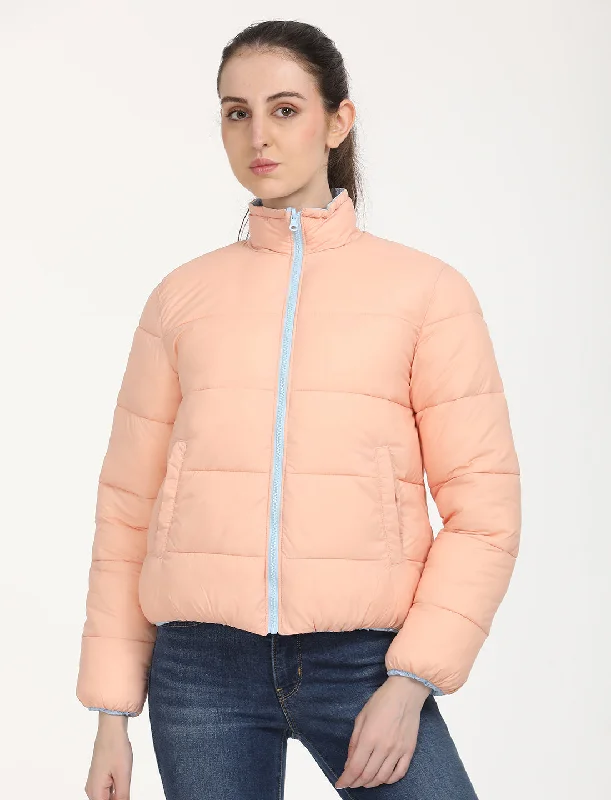 stylish blazers for women -Women's Quilted Light-Pink High Neck Puffer Jacket