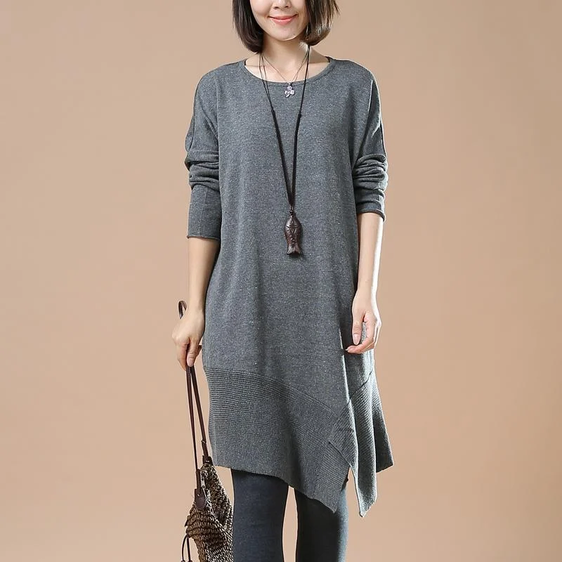 women's fitted tops -Gray Oversized Sweaters Asymmetrical Design Knit Dress