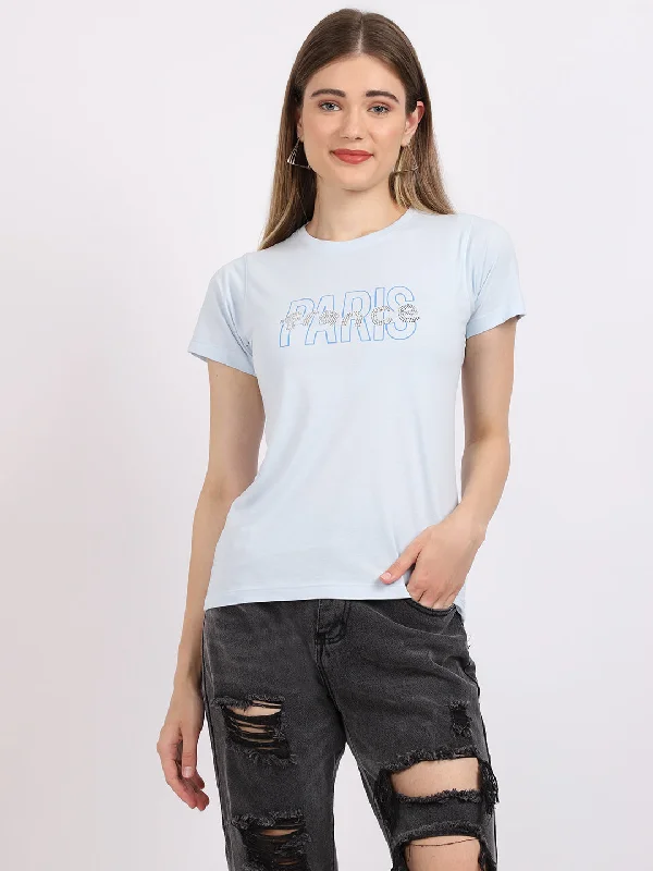 zip-up tops for women -Women's Casual Regular Short Sleeve Sky Blue Round neck Typographic Print T-Shirt