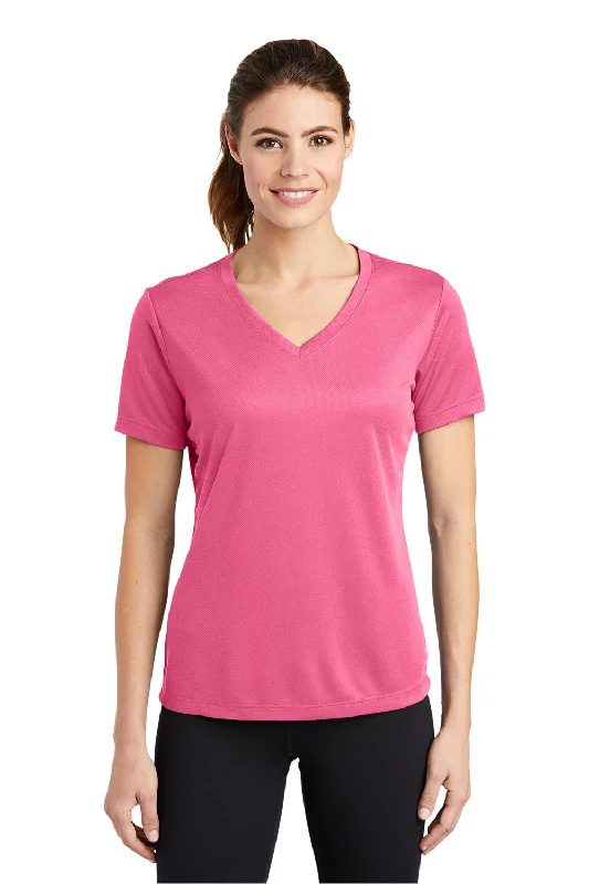 women's pleated tops -Sport-Tek Womens RacerMesh Moisture Wicking Short Sleeve V-Neck T-Shirt - Bright Pink