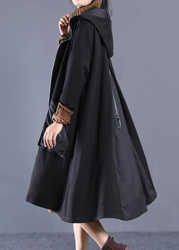 travel jackets for women -Casual Black Patchwork Zippered Long Hoodie Trench Coat Long Sleeve