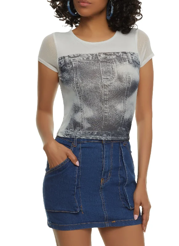 bell sleeve tops for women -Mesh Printed Short Sleeve Top