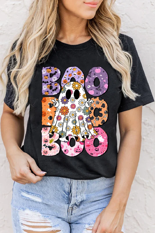 eco-friendly tops for women -Black BOO Floral Ghost Print Crew Neck Halloween T Shirt