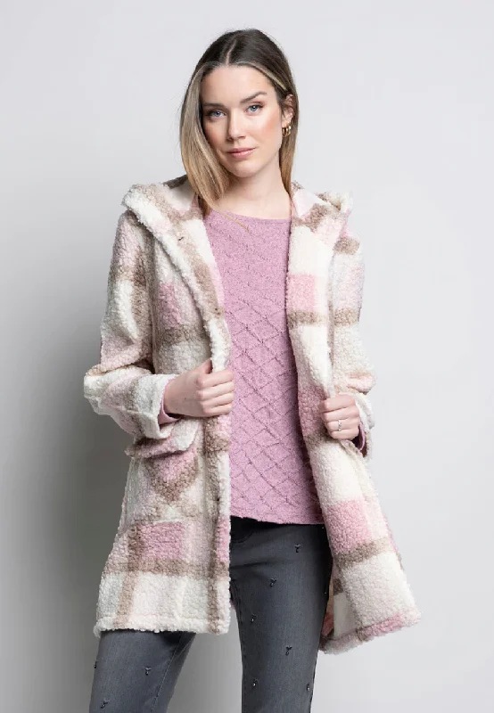 street style coats for women -Plaid Fleece Hooded Jacket