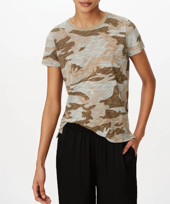 women's off-shoulder tops -Slub Jersey Camo Schoolboy Short Sleeve Crew Neck Tee - Faded Army-Multi