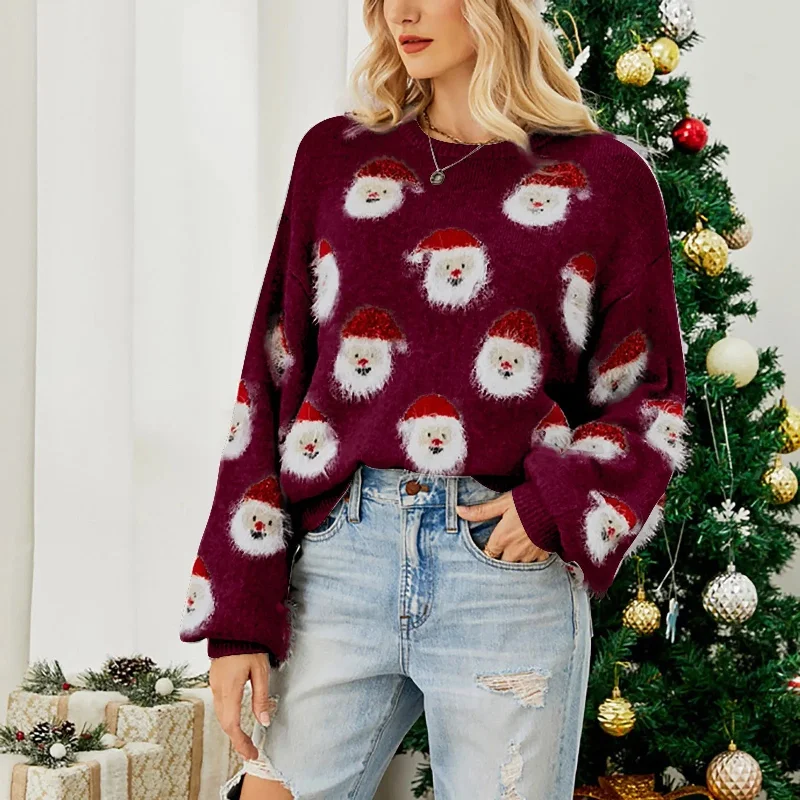 women's mesh tops -Christmas Santa Head Oversized Sweater