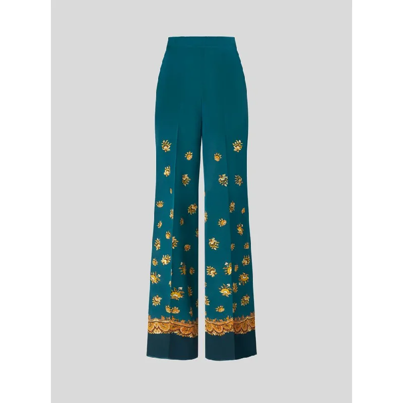 travel pants for women -LEAFY PAISLEY CRÊPE DE CHINE PALAZZO TROUSERS