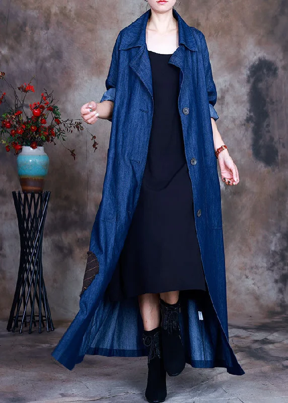 fur-lined parkas for women -Fashion Blue button tie waist Peter Pan Collar Cotton denim trench coats Spring