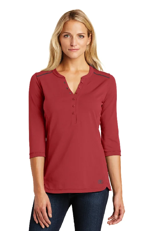 everyday tops for women -Ogio Womens Fuse Moisture Wicking 3/4 Sleeve Henley T-Shirt - Signal Red - Closeout