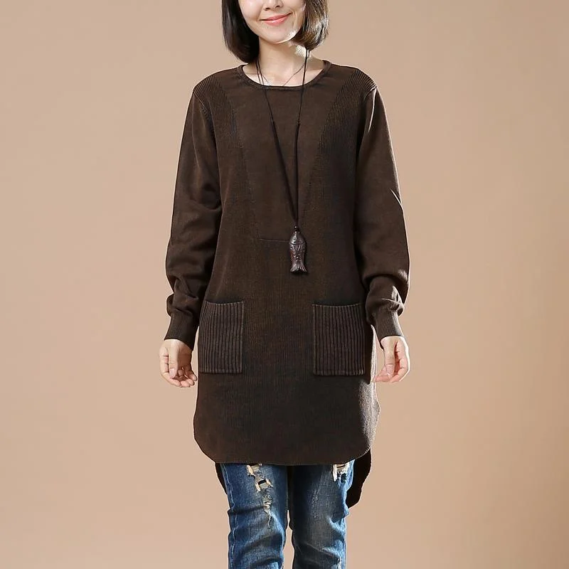 wool tops for women -Chocolate oversized sweater shirt pockets casaul style