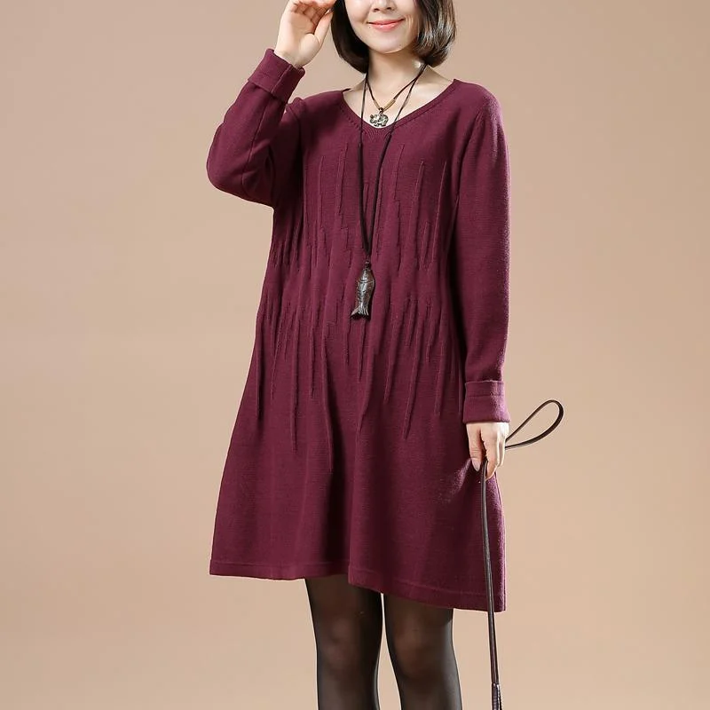 soft touch blouses for women -Wrinkled sweaters women knit winter dresses in burgundy